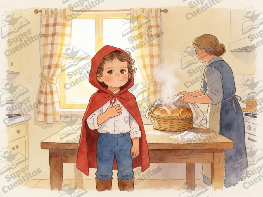 Página de muestra de un cuento, con el logo de SuperCuentitos repetido encima: una nena con capa roja en la cocina, al lado de una canasta.